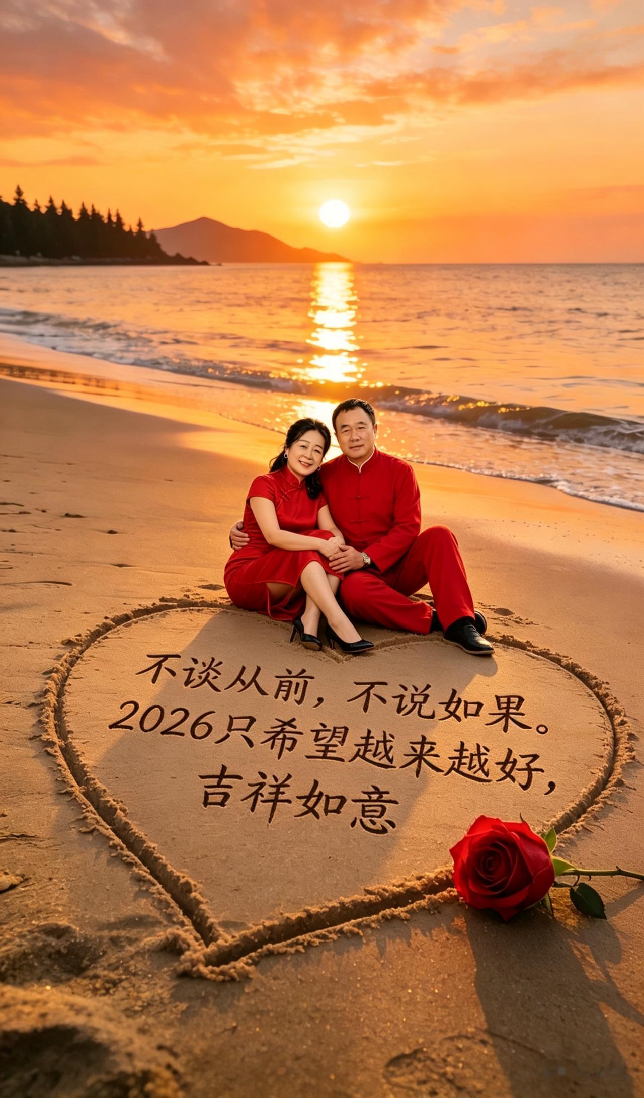 夕阳下的沙滩，情侣相依相偎，浪漫心语上联：清清楚楚不清楚，求下联？求下联: