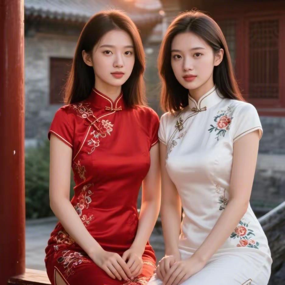 塞鸿秋·旗袍双姝朱墙黛瓦双姝伫，红袂白衣风姿著。绣缕凝香身如玉，盘扣衔雅