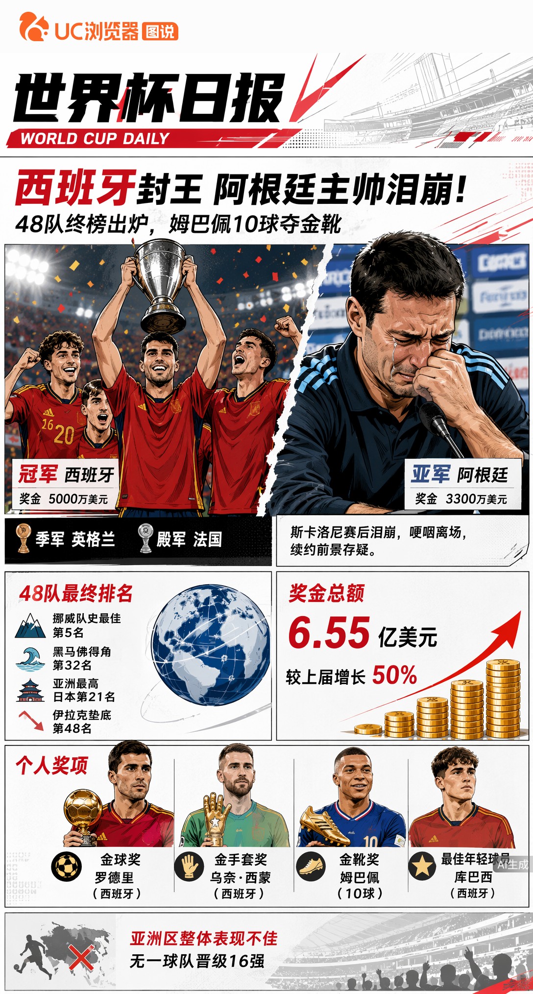 西班牙封王阿根廷主帅泪崩！48队终榜出炉，姆巴佩10球夺金靴