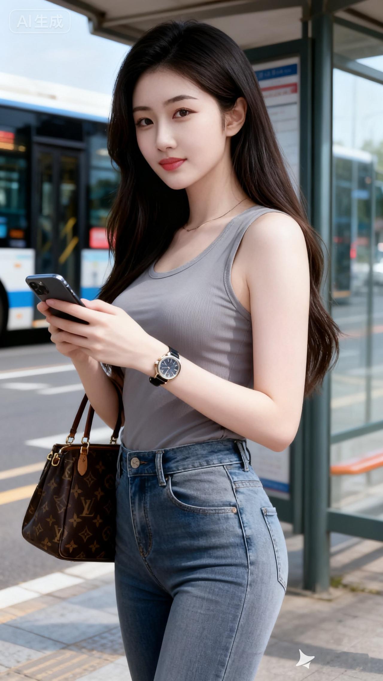 元气少女在公交站，手机不离手，时尚穿搭指南