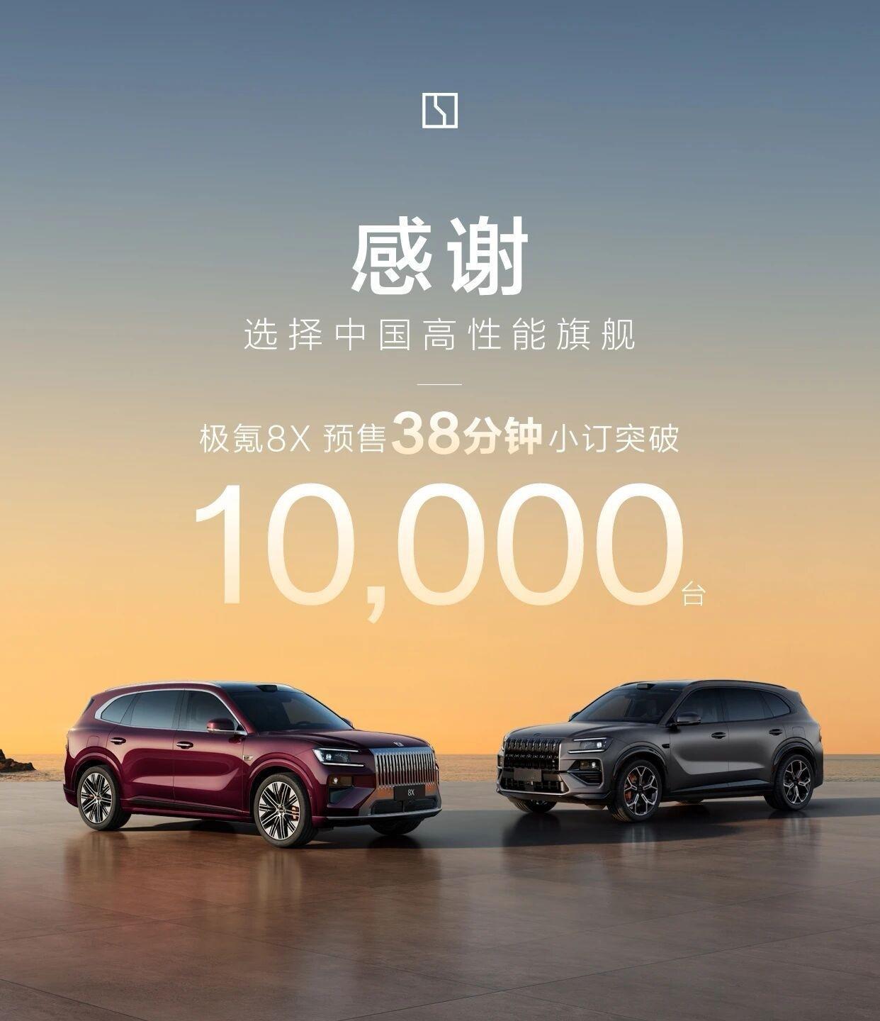 极氪9X预售1小时42667辆，8X预售38分钟突破10000辆。8X和大哥9X