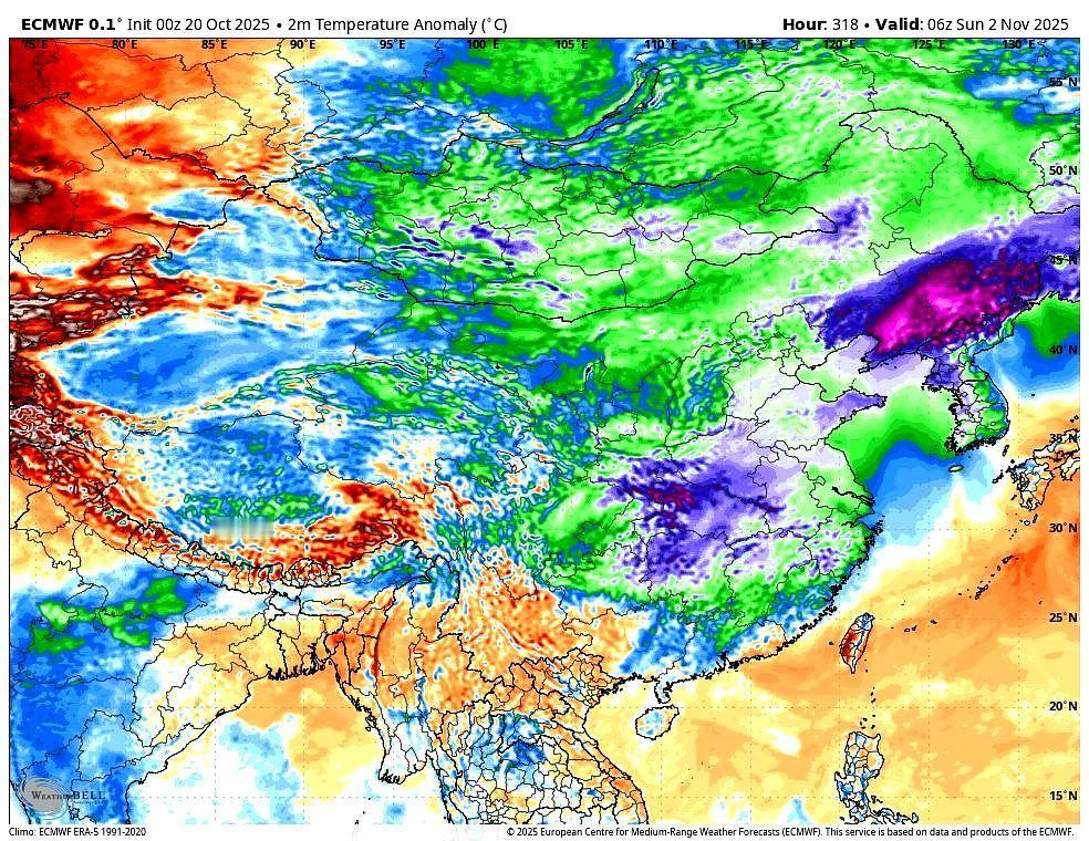 最新的数值预报模式再次给出了在11月上旬初的时候,有一股强大的冷空气南下,并且冷