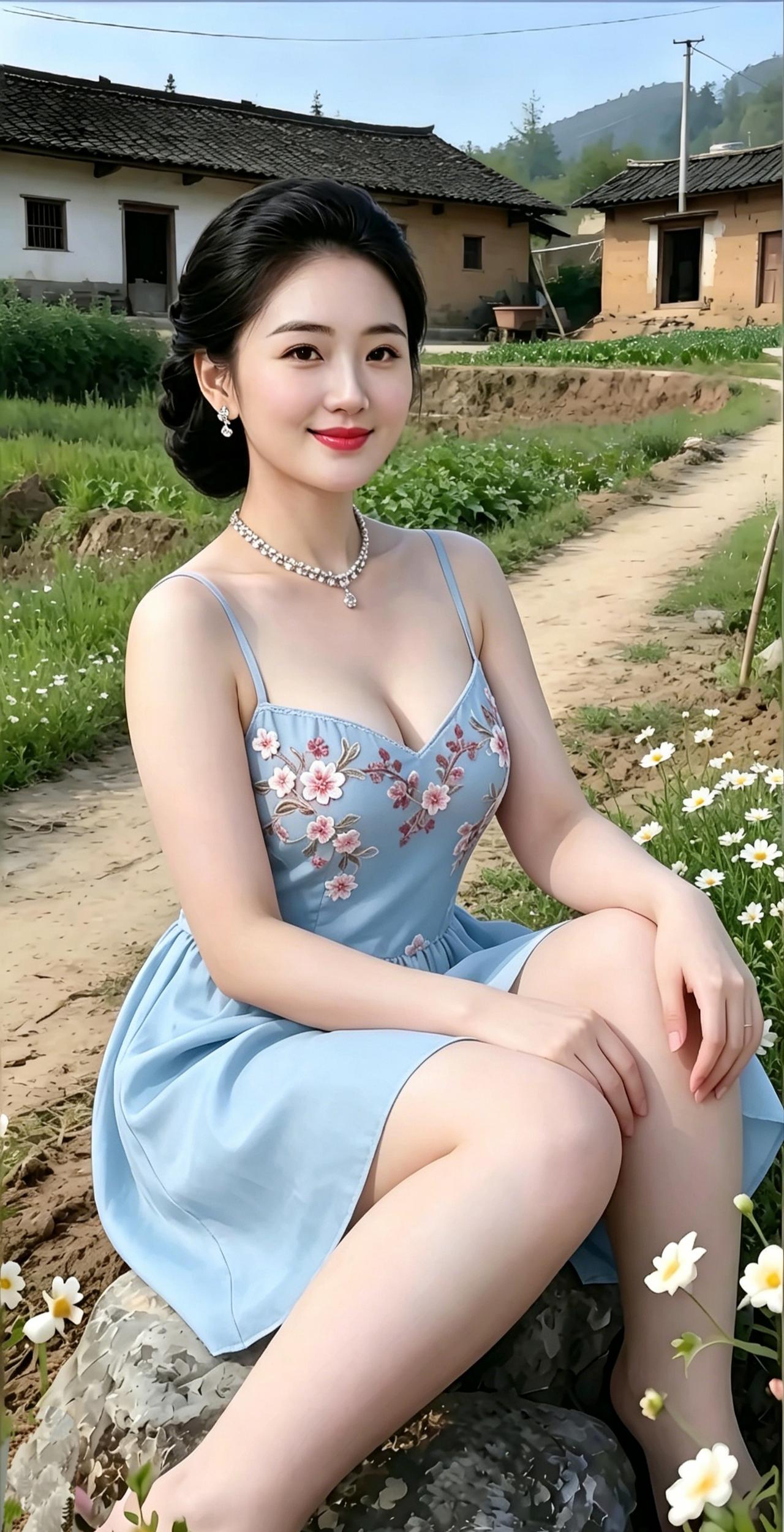 《村野芳姿》黛瓦土墙静立远山之下，田埂蜿蜒，野雏菊漫生道旁。一袭浅蓝绣花
