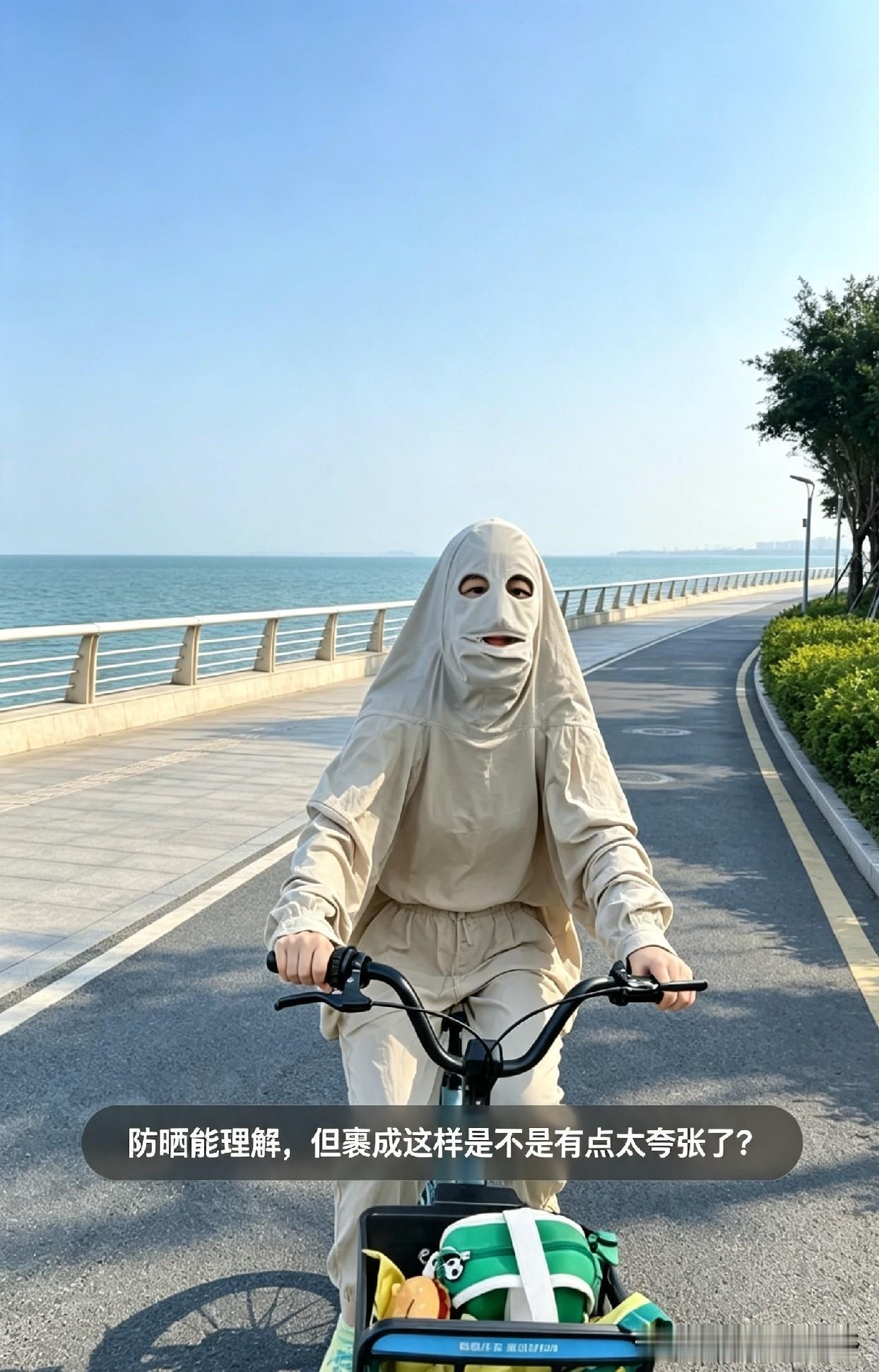现在防晒真是越来越拼了，直接全套裹得严严实实，只露出一双眼睛。远远看着真有点吓