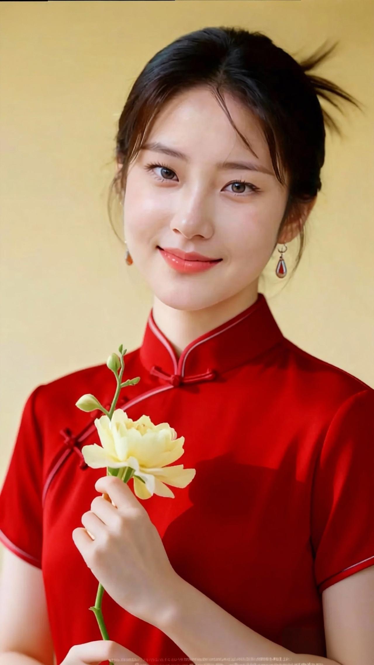 优雅红衣少女，手持白玫瑰，温婉动人。