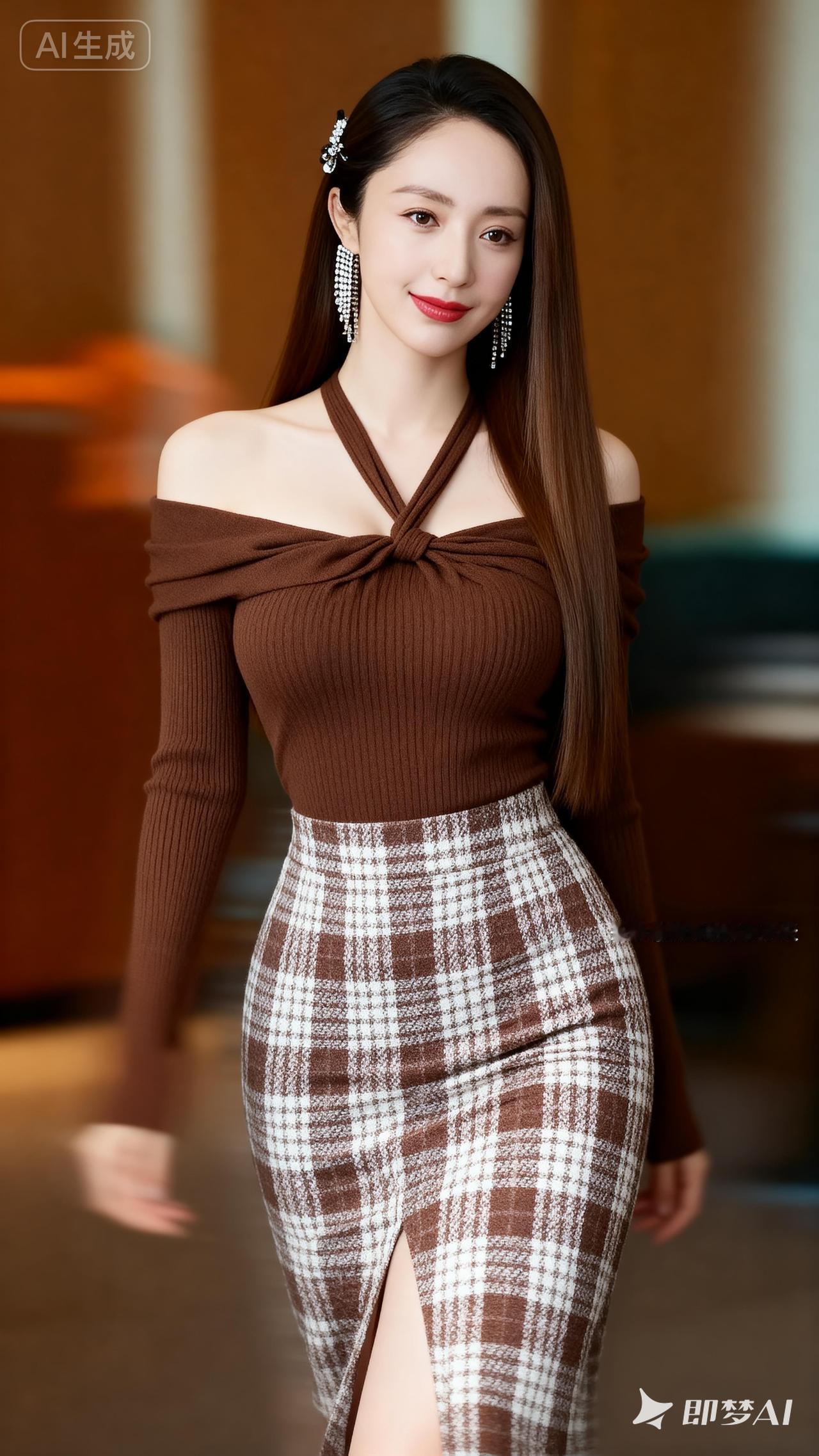 优雅气质穿搭，棕色毛衣搭配格子裙，尽显时尚魅力！