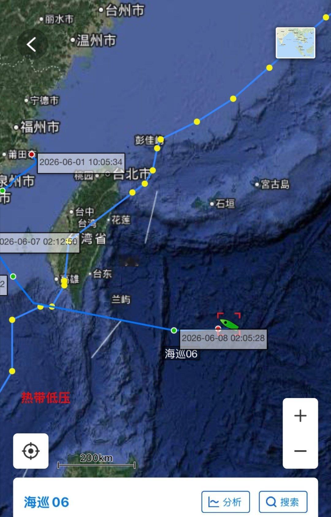 总吨位超40000吨的海上巡逻执法编队——AIS信号显示，6月8号，海巡06、海
