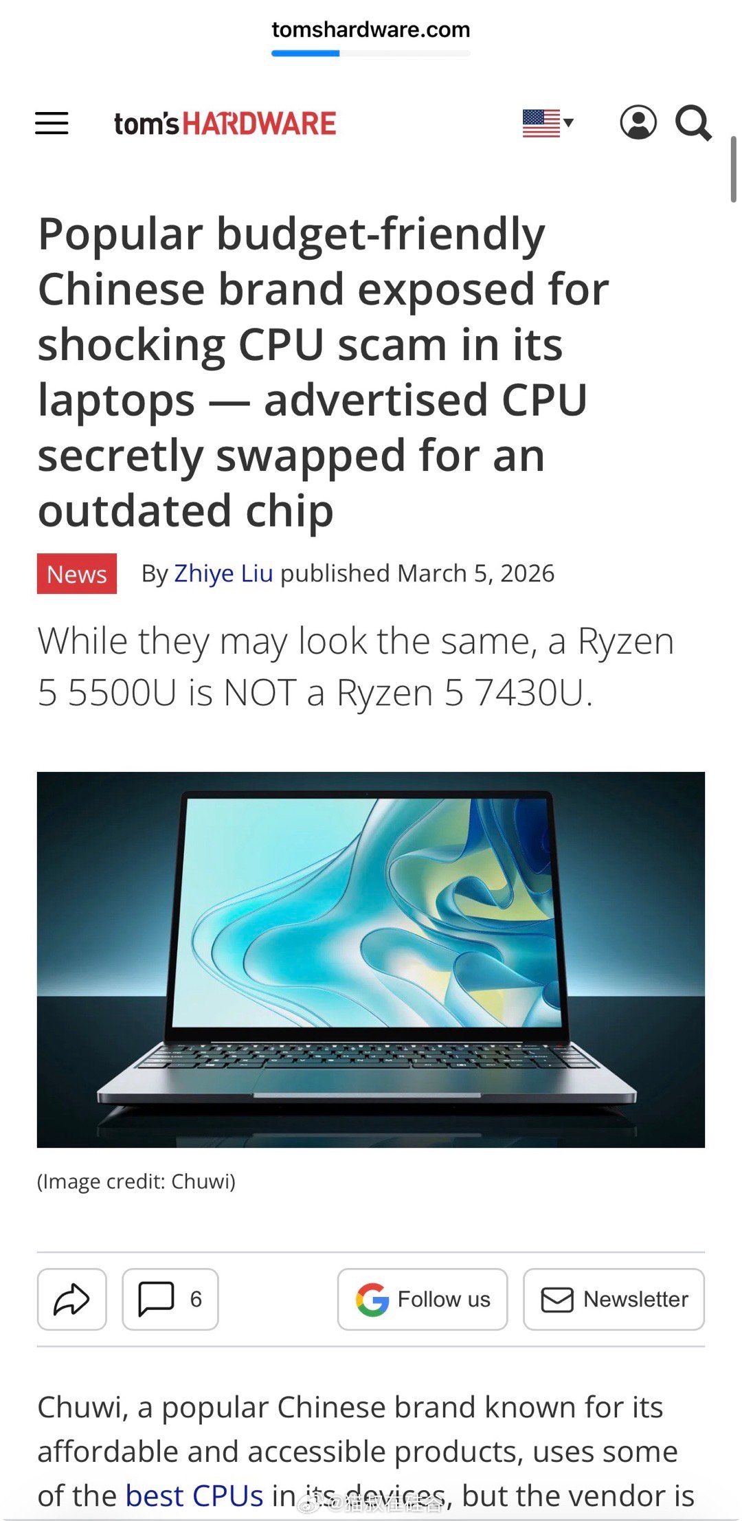德国科技媒体Notebookcheck报道，中国性价比笔记本品牌驰为（Chuwi