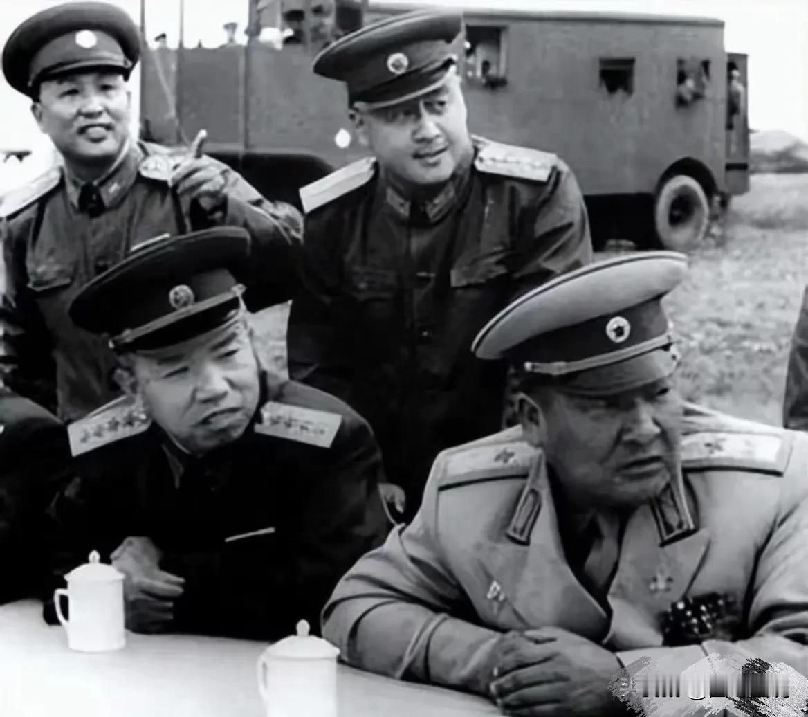 1958年10月，国防部副部长王树声大将陪同蒙古军事代表团团长道尔吉中将观看我国