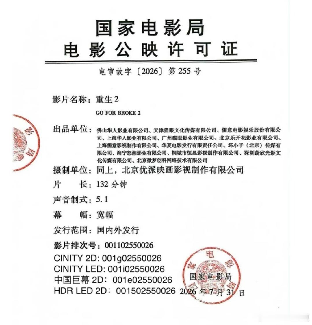 《重生2》7.31就拿到了公映许可证，暑假本来能上的，结果《欢迎来龙餐馆》来八月