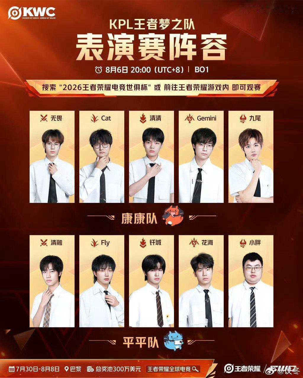 KPL梦之队表演赛完整阵容官宣，康康队对阵平平队，多位人气选手跨战队集结，8月6