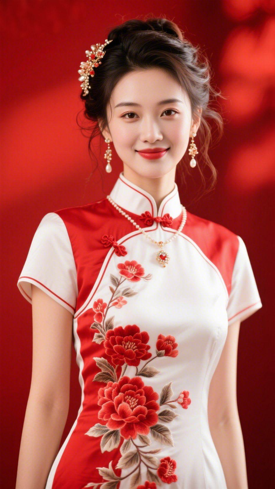 《红妆栖雅韵》朱红背景里，白缎旗袍缀着艳艳绣纹，鬓间钗钿轻垂，笑意舒展时，