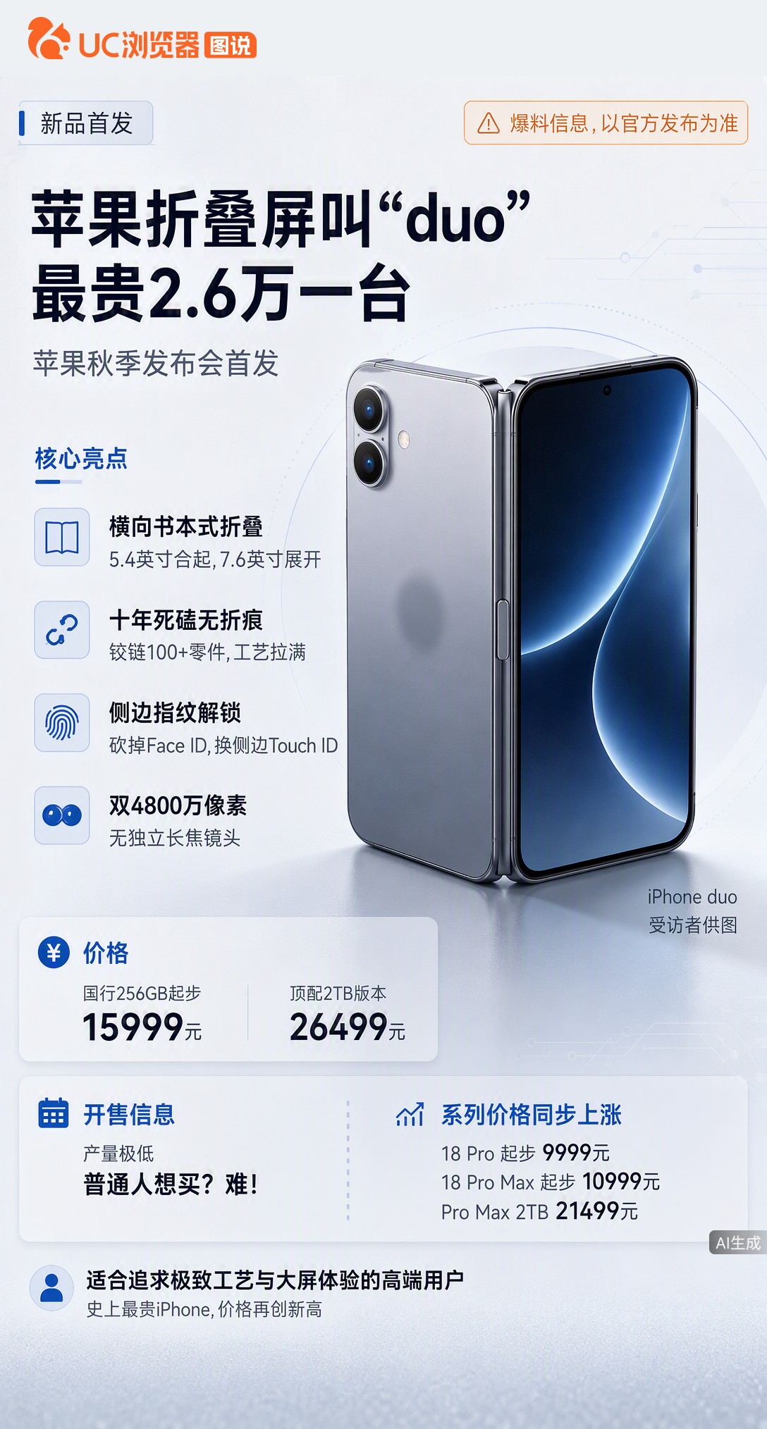 苹果首款折叠屏iPhoneDuo终于落地，顶配2.6万够买半部车。为极致轻薄砍掉FaceID和长焦，