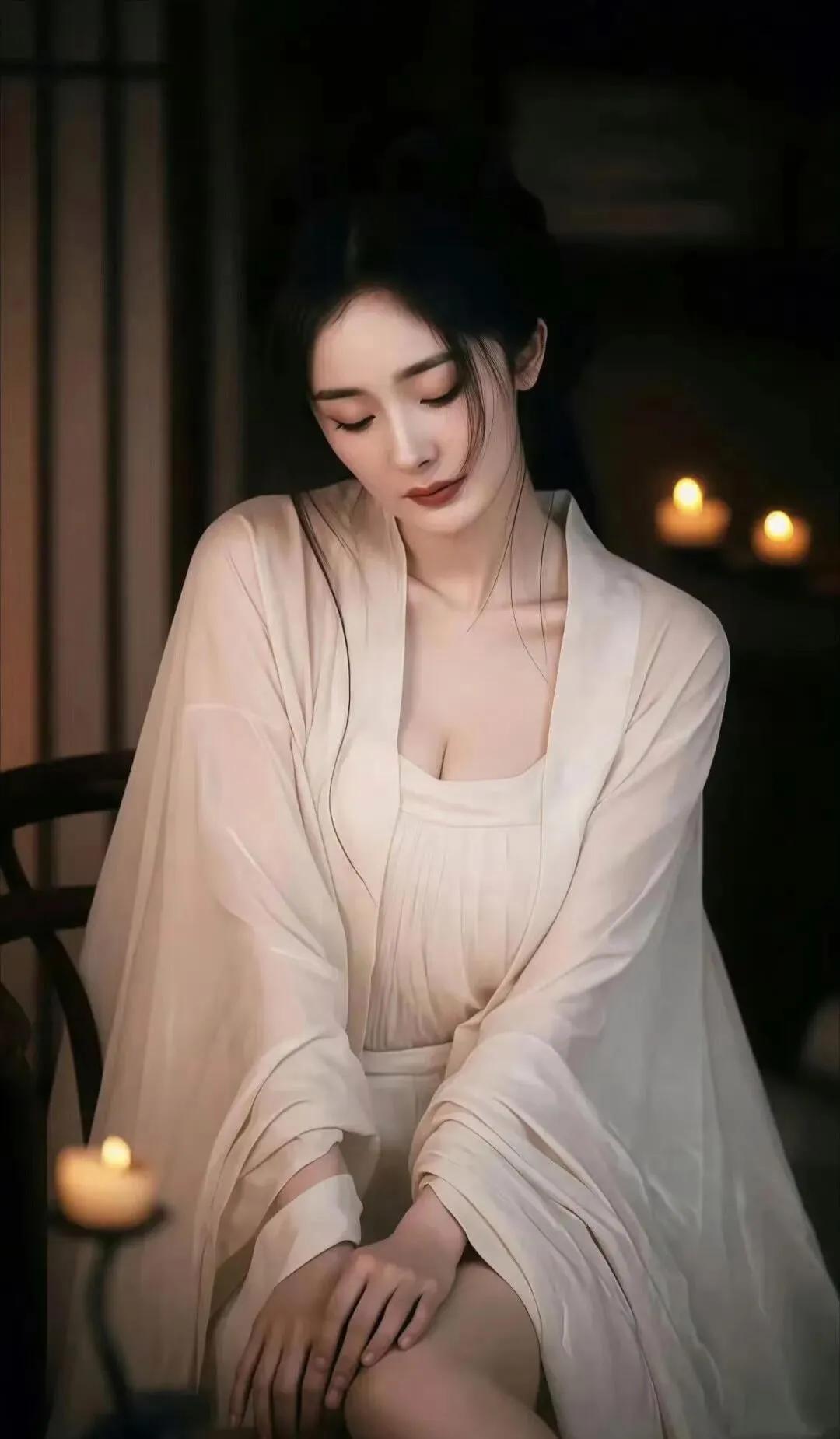 杨幂这身古典穿搭绝了！薄纱轻拢，烛影摇曳，杨幂把古典美穿得好心动～素雅纱衣
