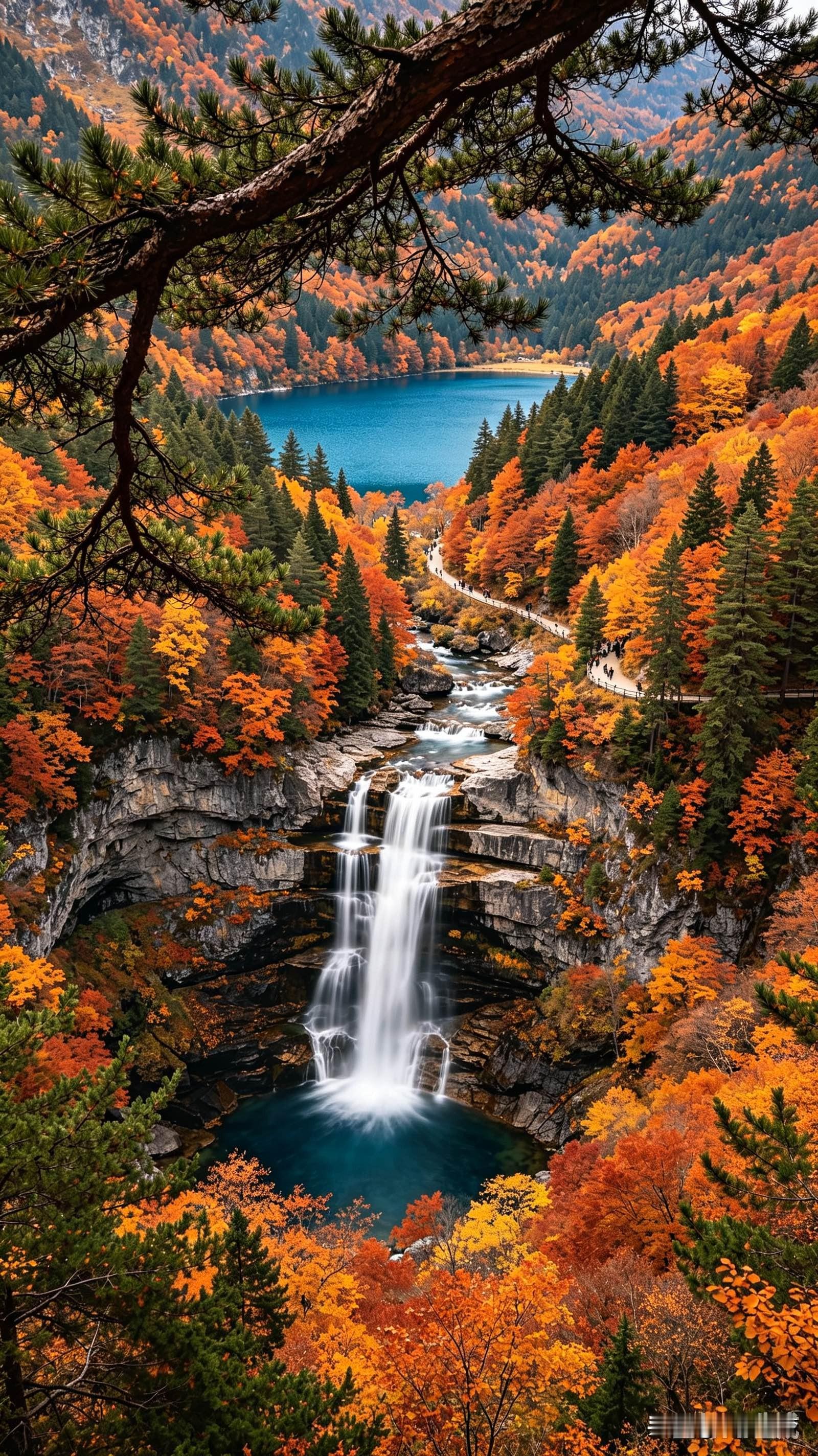我的乖乖，这秋景简直绝了！漫山遍野的树叶黄橙橙、红通通的，跟打翻了调色盘似的。那水蓝得透亮，瀑布顺着
