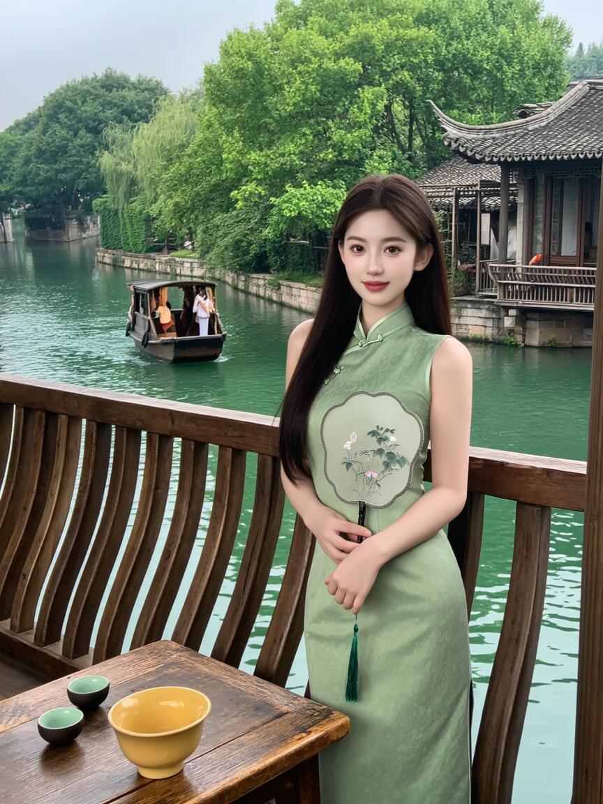 青衣美人倚栏立