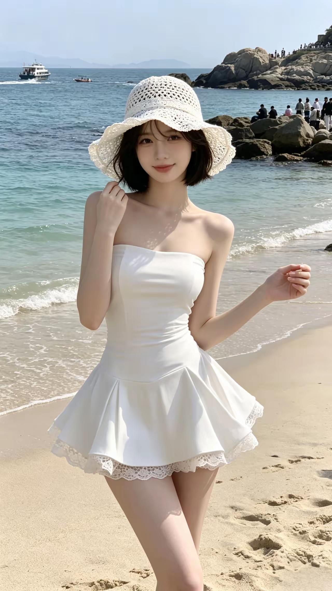 夏日沙滩穿搭指南：白色连衣裙+草帽，清新又可爱！🌞👗👒