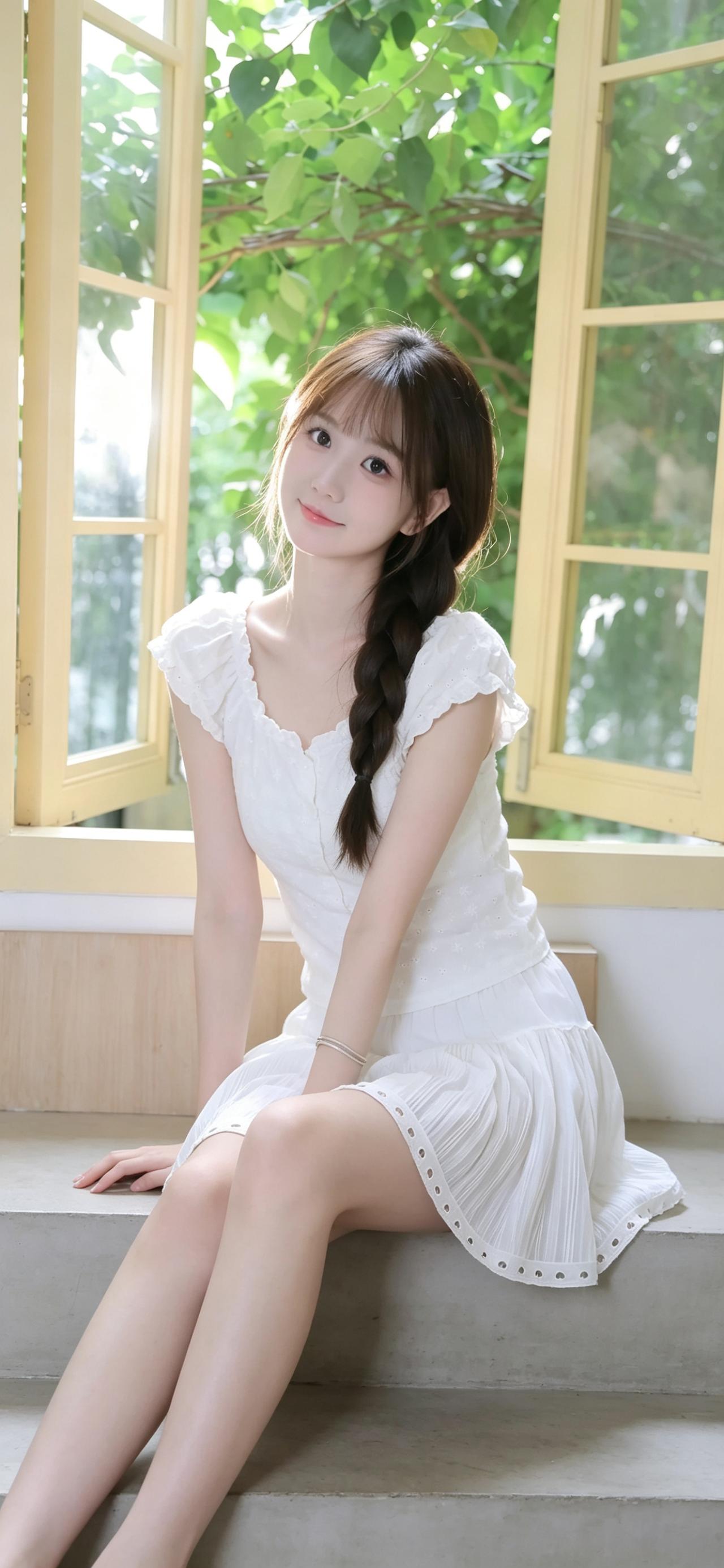 窗边随拍｜夏日纯欲白裙套装暖调窗边绿意作衬，白色镂空泡泡袖上衣搭配百褶短裙，自