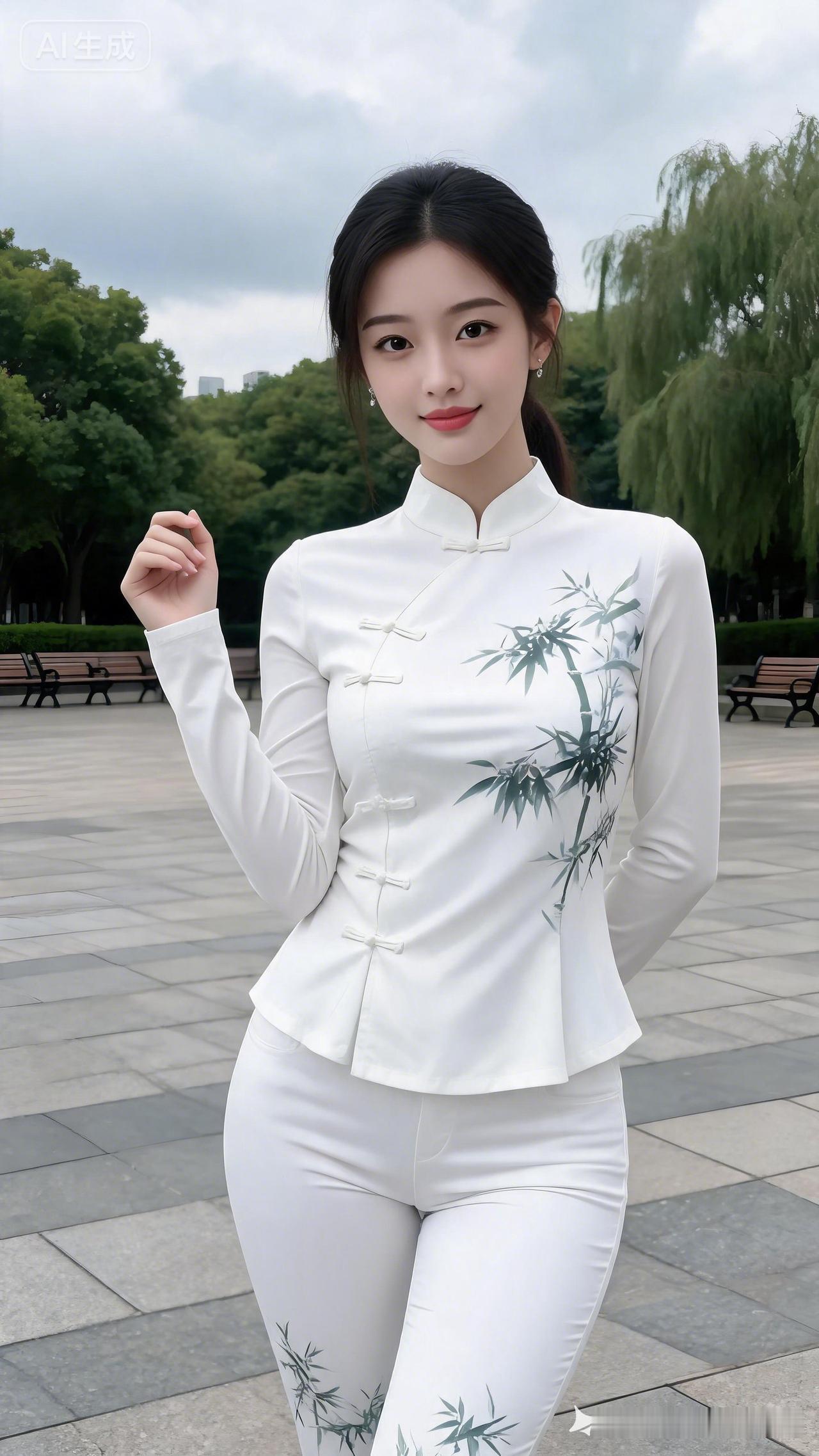 高挑东亚女子低马尾浅笑出镜，白新中式竹纹收腰套装，姿态大方。阴天公园漫射柔光，背