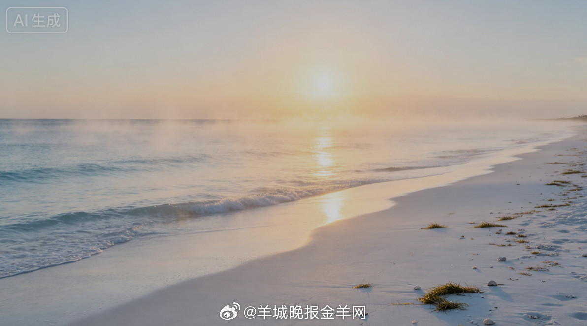 #早安#晨风吹散海面轻薄薄雾，暖融融的朝阳轻铺在绵长白沙滩上。赤脚慢行踩过细软