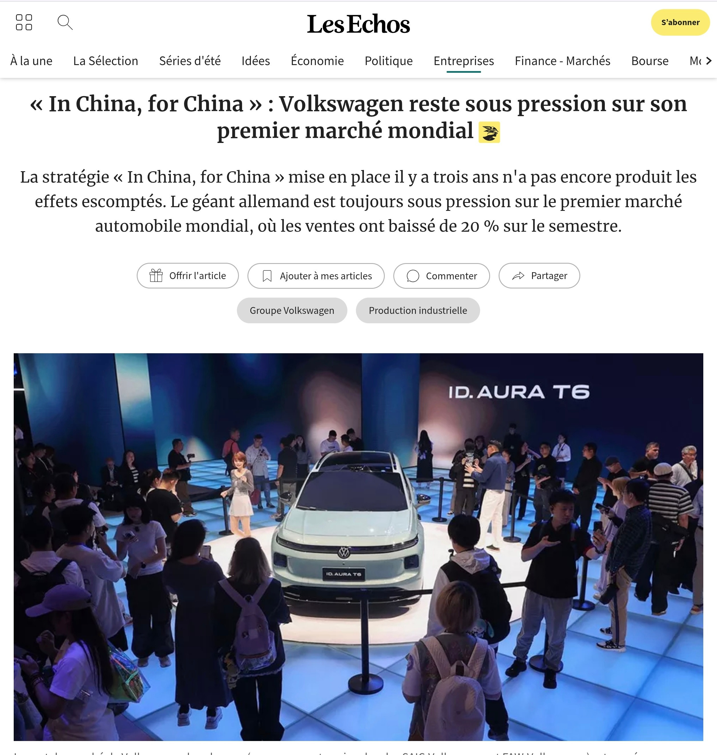 法国《回声报》报道指出，大众汽车需要在其全球最大的市场中国继续保持耐心。三年前，大众推出“在中国，为