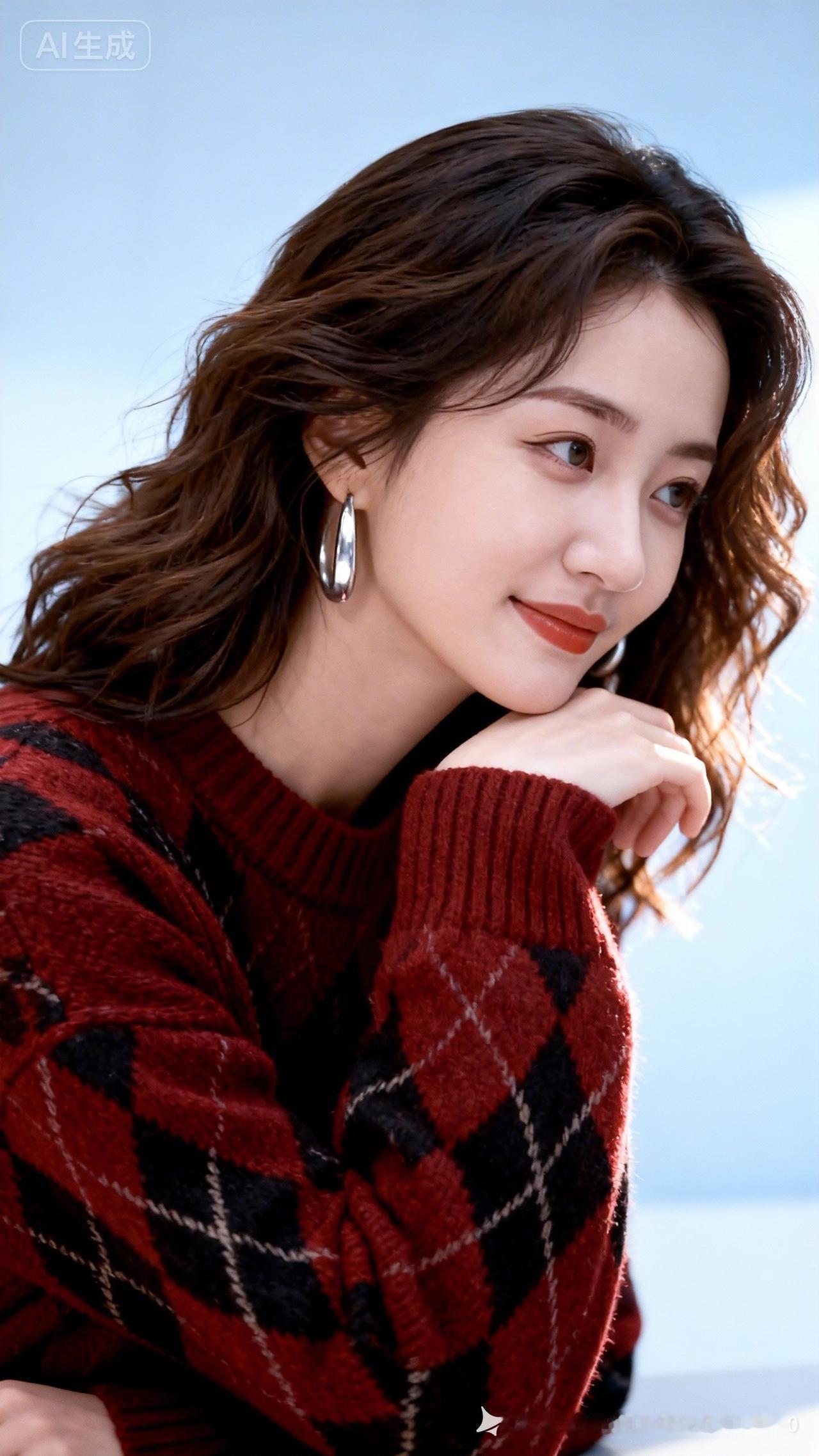 冬日暖阳下的甜美少女，红黑格纹毛衣搭配大耳环，温柔迷人。