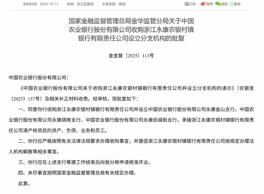 国有大行再出手! 农行系首例“村改支”获批