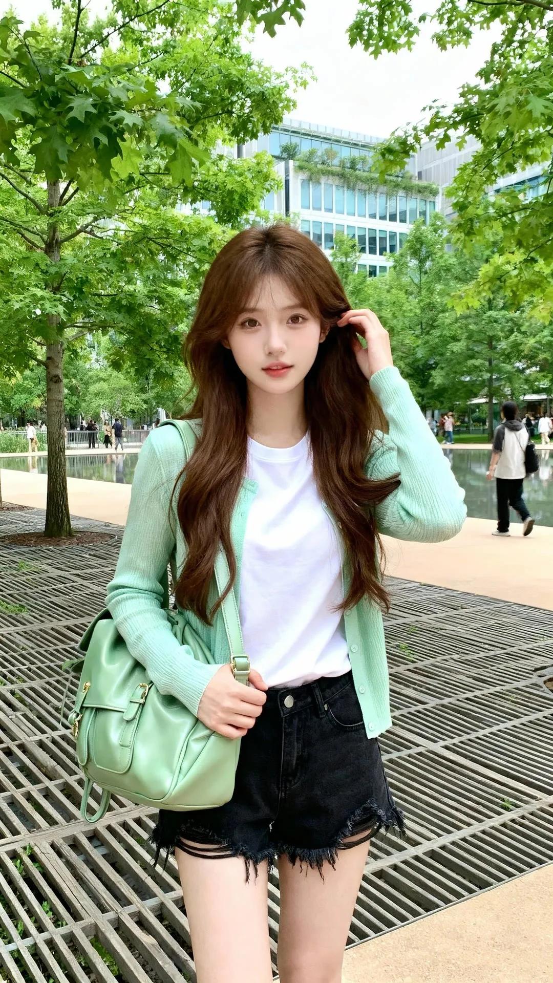 清新校园风，绿意盎然中，少女甜美穿搭，轻松自在。街拍高清美女