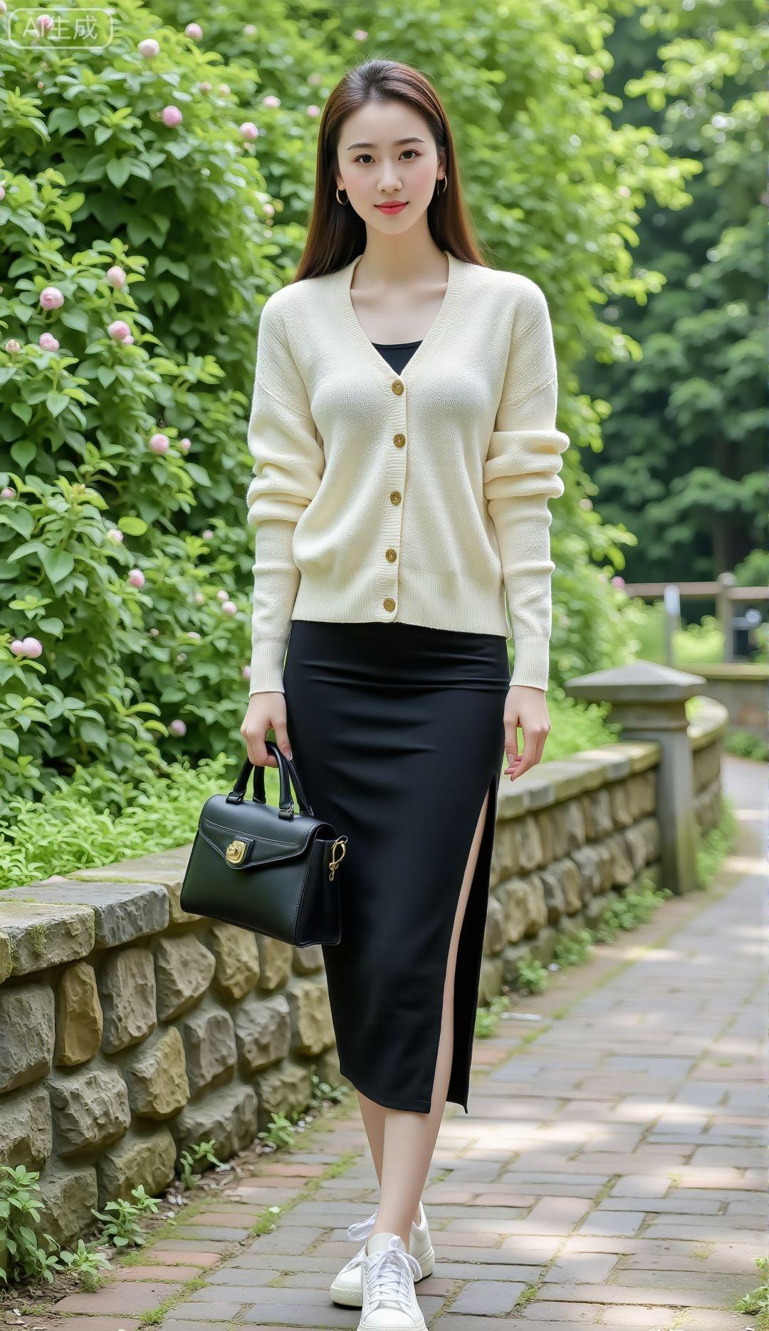 清新穿搭，米色毛衣搭配黑色半裙，手提包点缀，轻松优雅。