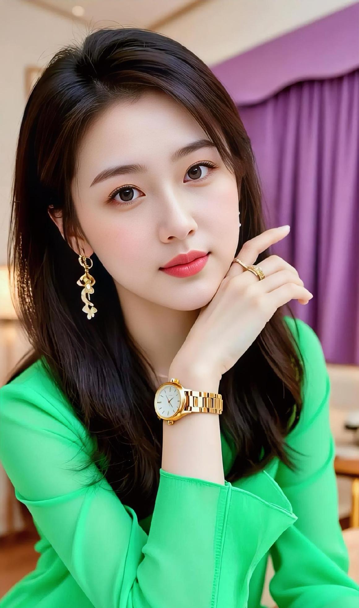 绿衫映笑颜，金表腕间轻转，耳坠摇细碎光，手托着温软。紫帘垂午后，时光慢慢