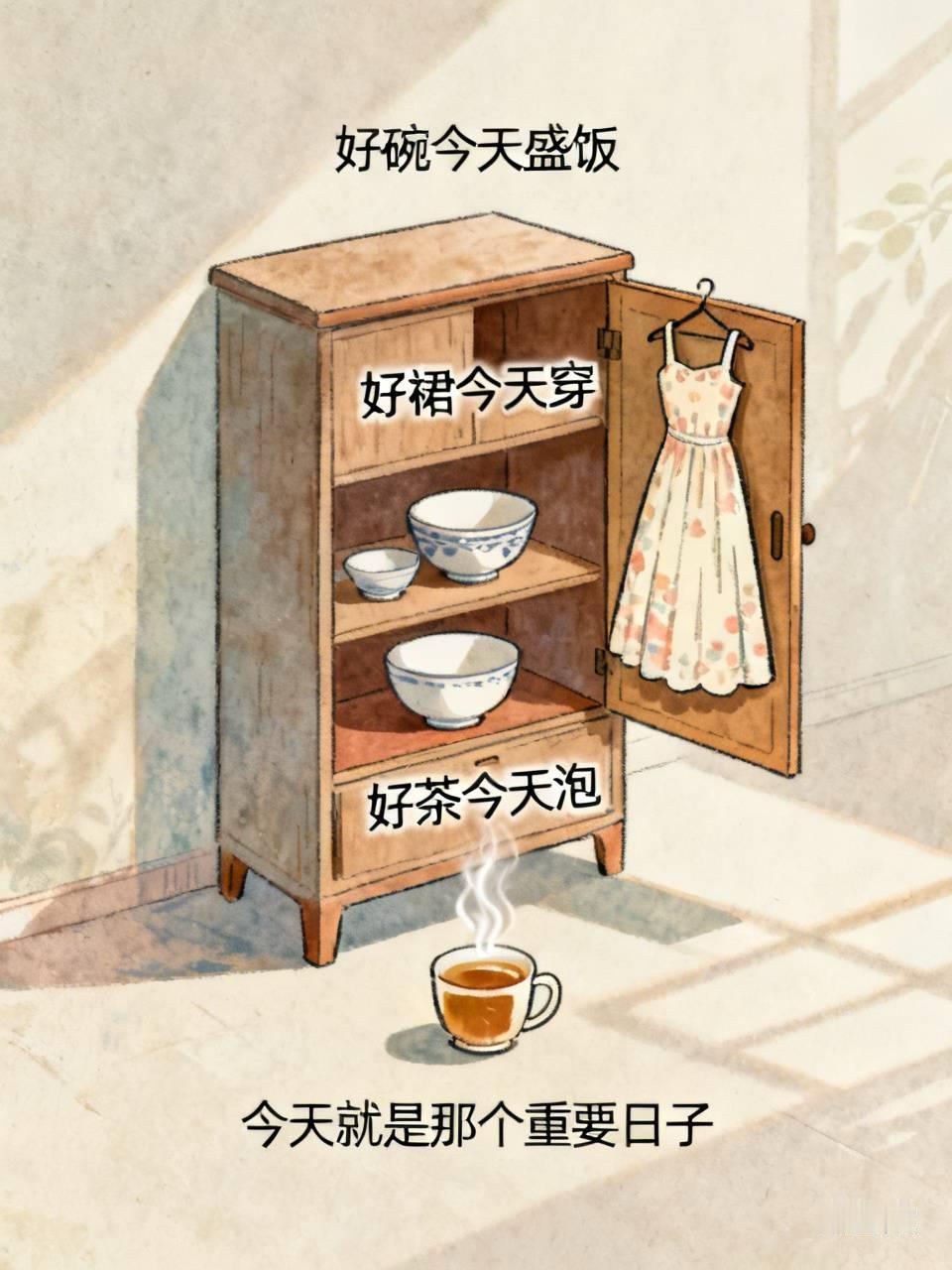 我妈柜子里藏着一套好碗，说等过年用。结果去年搬家，磕碎俩。她蹲地上愣半天：“