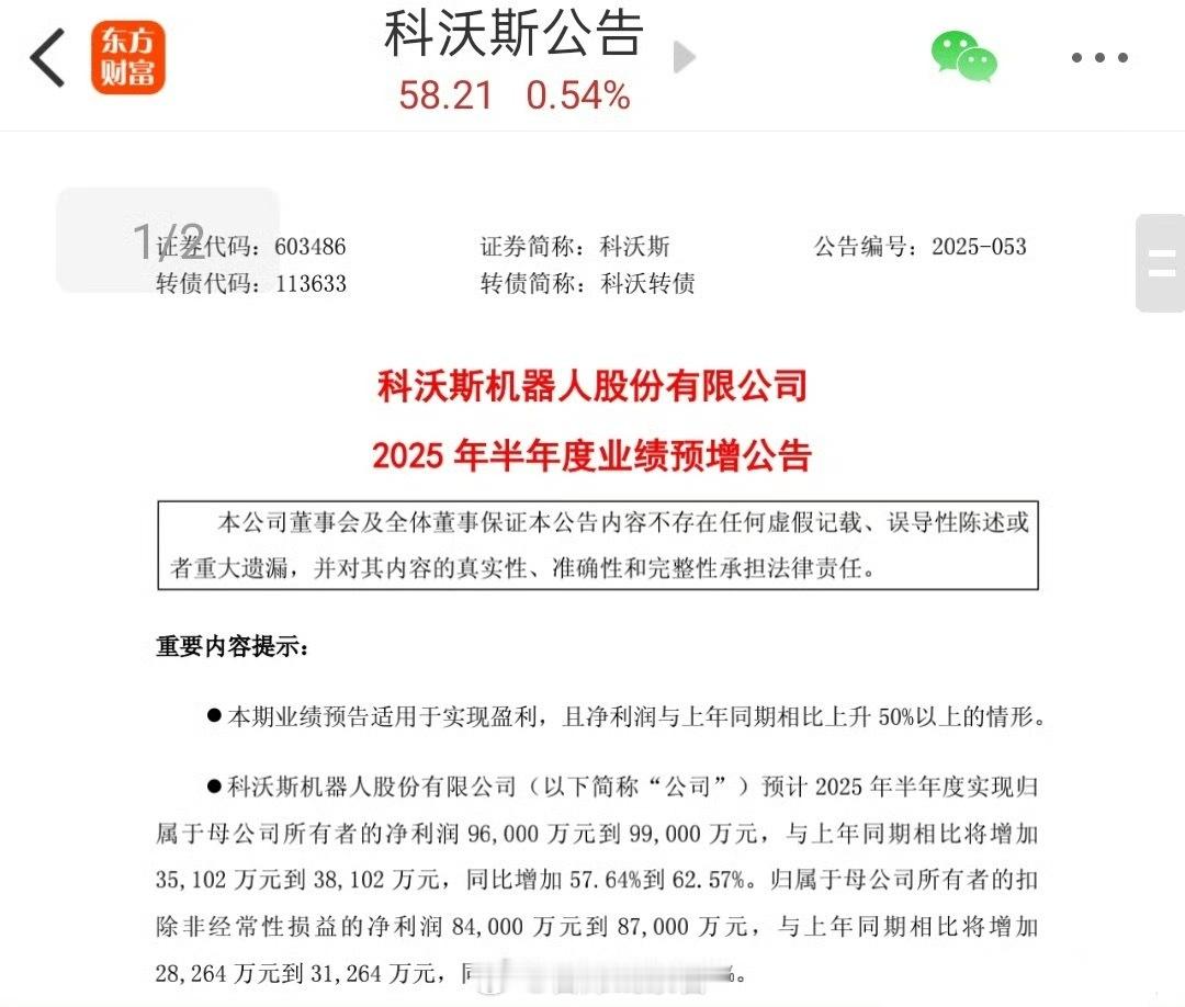 科沃斯机器人公告称：预计2025年上半年归属于母公司所有者的净利润为96,