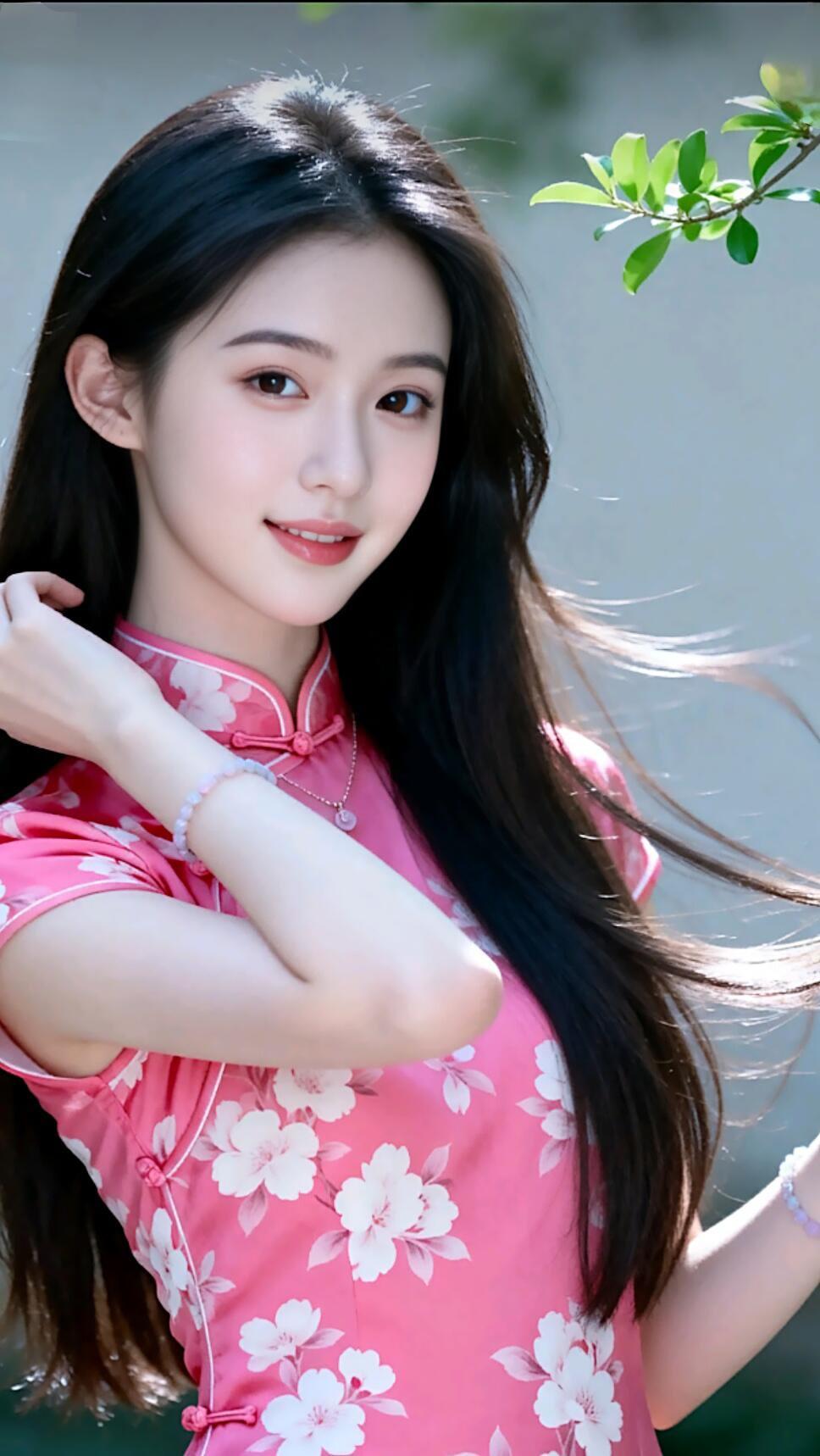 樱花粉旗袍，春日少女风，优雅动人