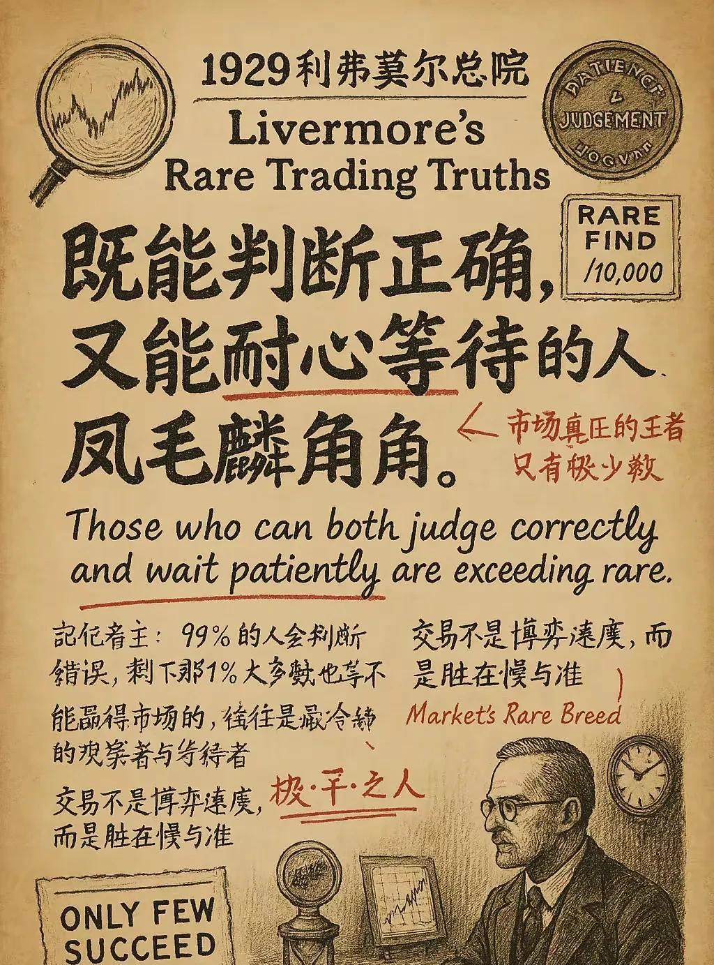 利弗莫尔名言：既能判断正确，又能耐心等待的人，凤毛麟角。小编评论:一个人能