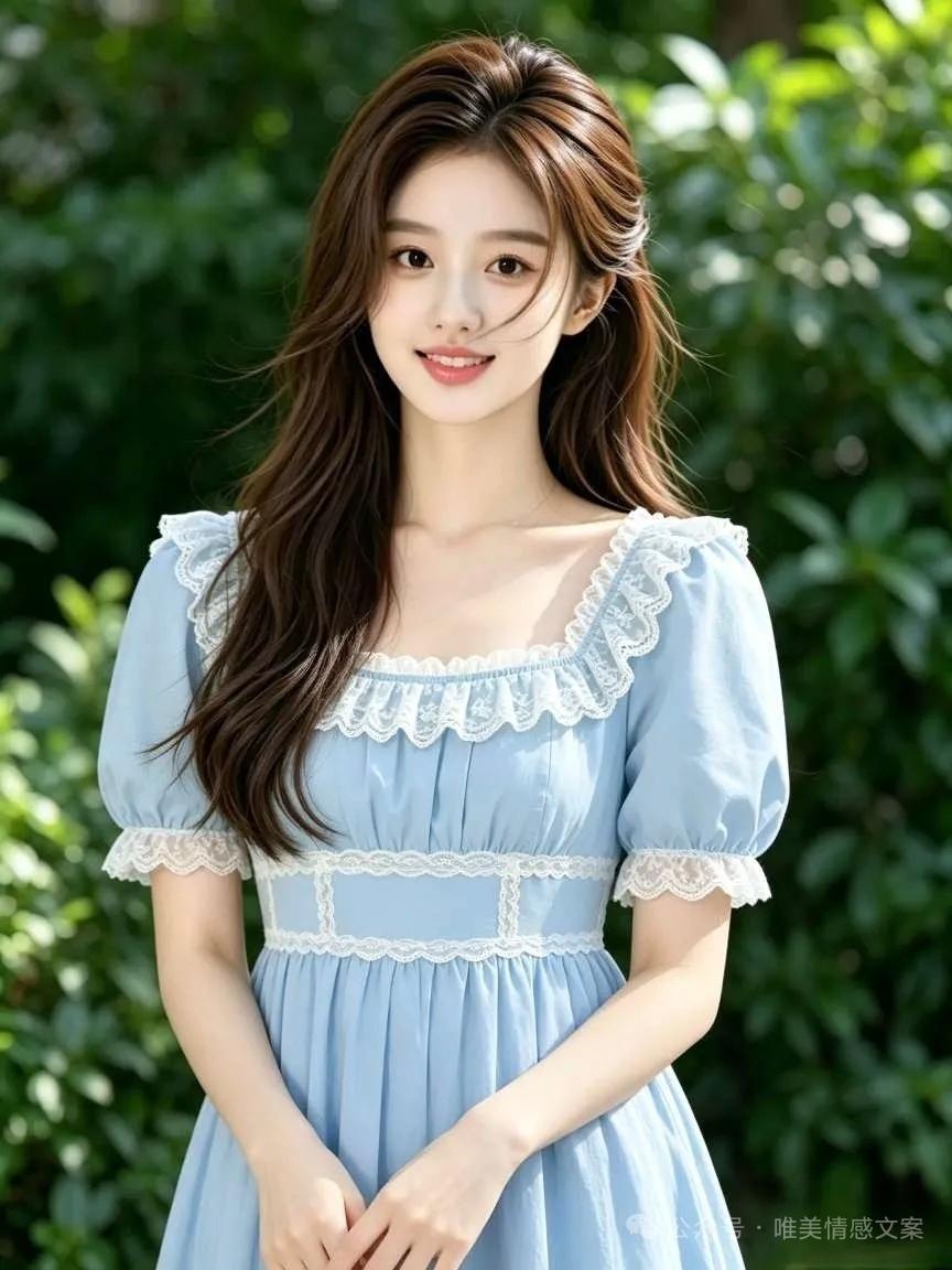 记录我的2026阳光下的甜美女孩，浅蓝色连衣裙与绿植相伴，尽显自然魅力！