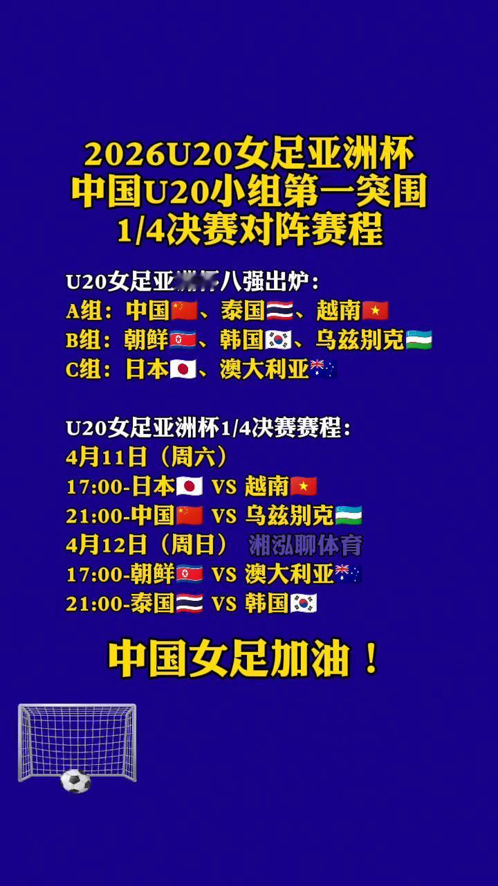 2026U20女足亚洲杯，中国U20小组第一突围1/4决赛对阵赛程。U20女足