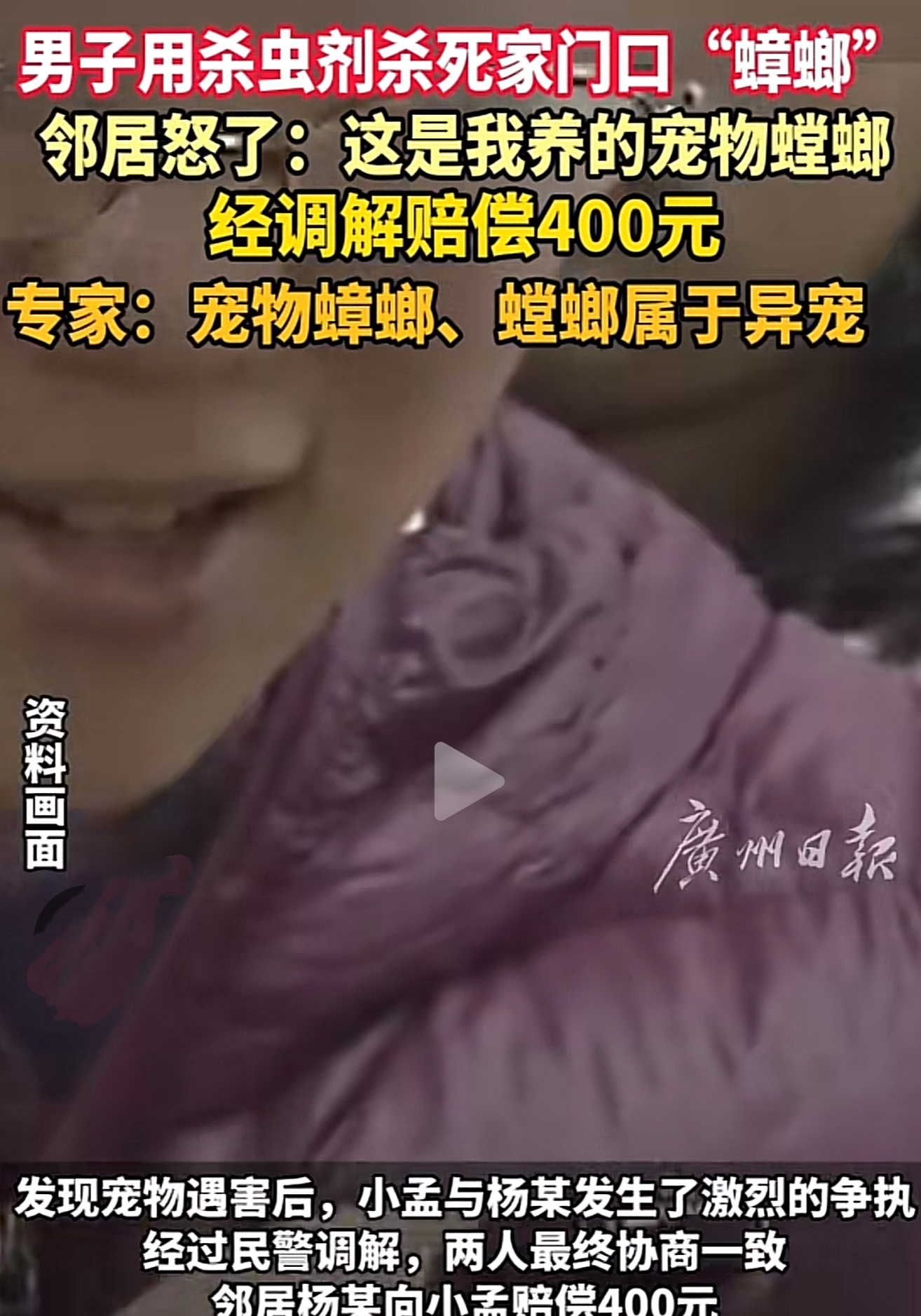 浙江杭州，一男子见自家门口有两只蟑螂。没多想，就用杀虫剂将蟑螂消杀。岂料，邻居找