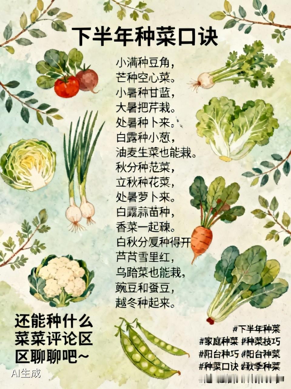 2026年下半年种菜口诀小暑种甘蓝，大暑把芹栽。立秋种花菜，处暑萝卜来。