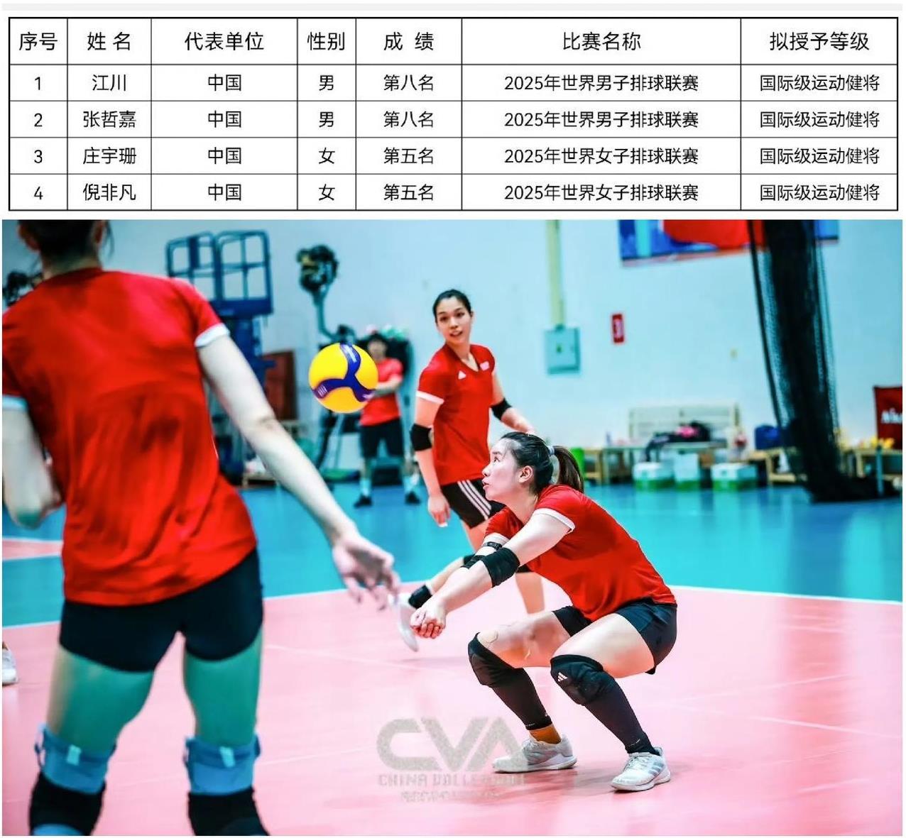 中国女排队员倪非凡、庄宇珊、以及中国男排队长江川和张哲嘉等4名国家队球员拟被授予