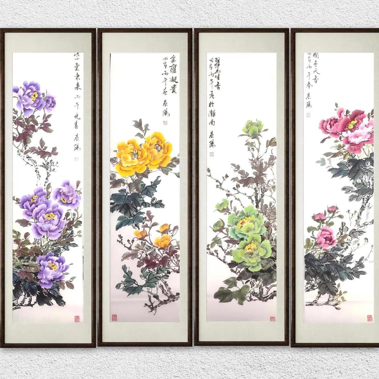 牡丹四条屏。写意牡丹国画挑战国画牡丹谁说国画不创作者中心