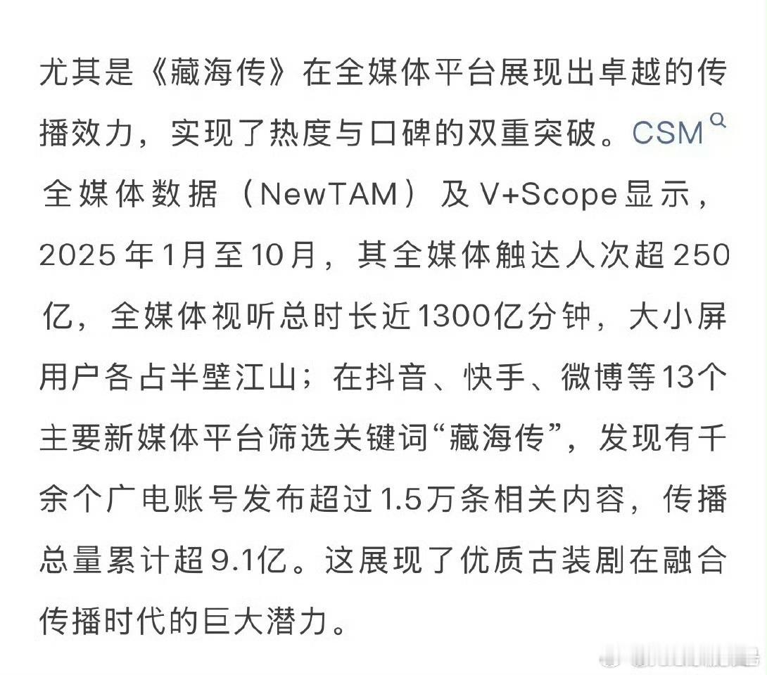 收视中国最新发文，好大一个《藏海传》，大小屏用户各占半壁江山，藏海传的含金量一直