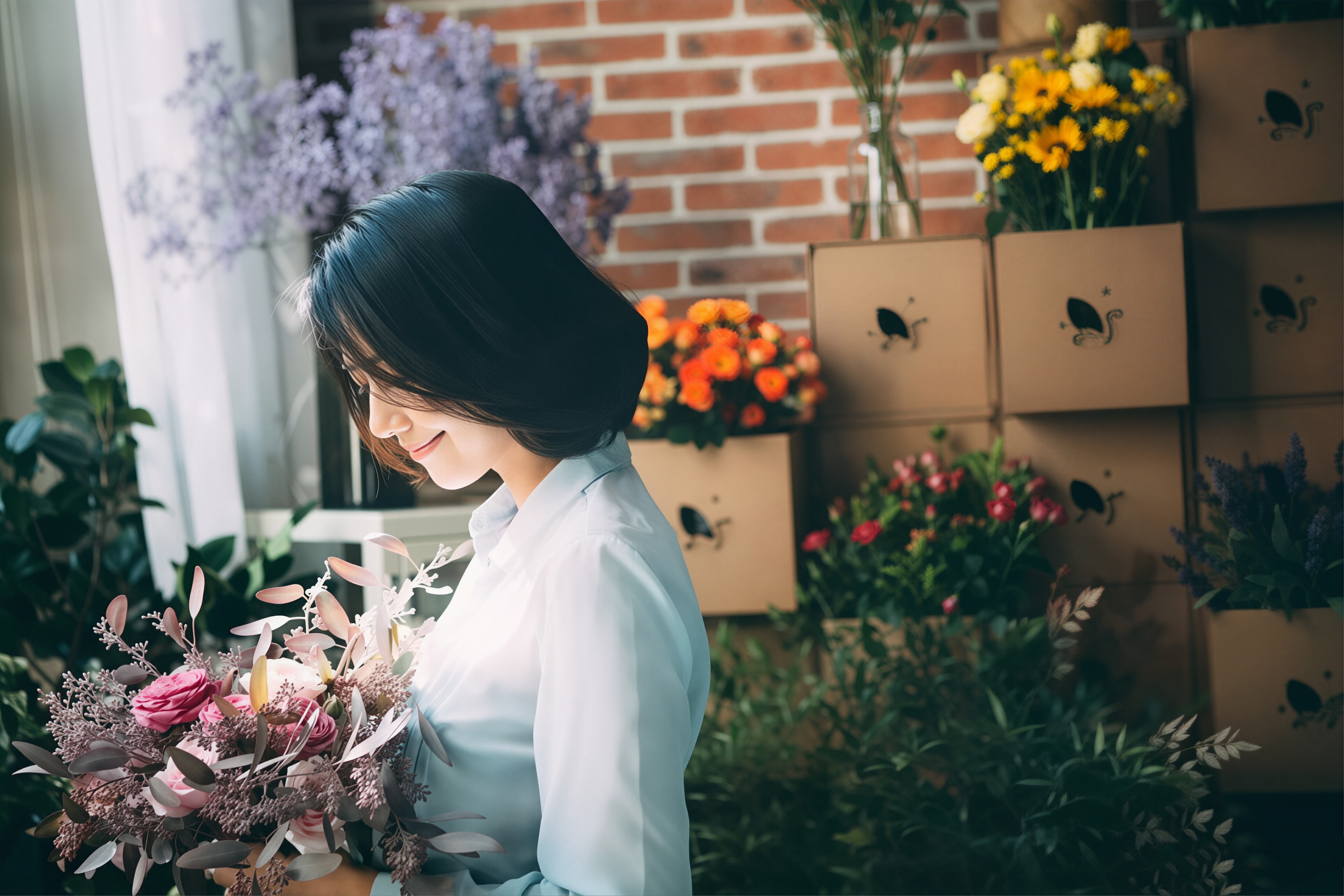 高圆圆这组花房随拍太治愈了✨淡蓝衬衫衬得她温婉灵动，在满室繁花中轻嗅玫瑰、伏