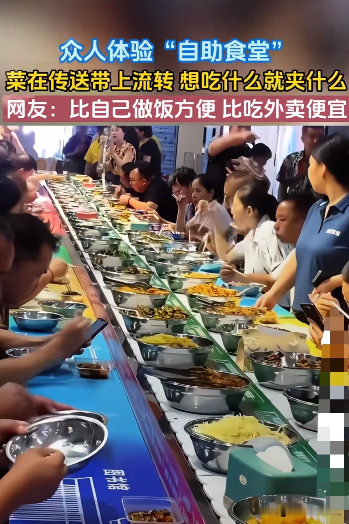 自助食堂，菜在传输带上，想吃什么夹什么，比自己做饭省事，比点外卖便宜，菜品多，都