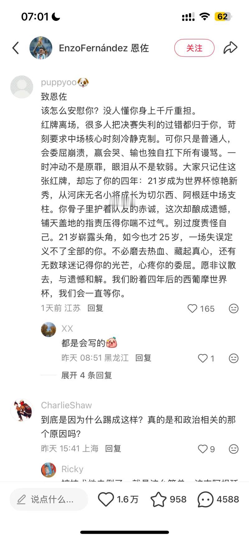 这是足球运动员恩佐·费尔南德斯社交账号下的评论区截图，在决赛中恩佐吃到红牌、球队