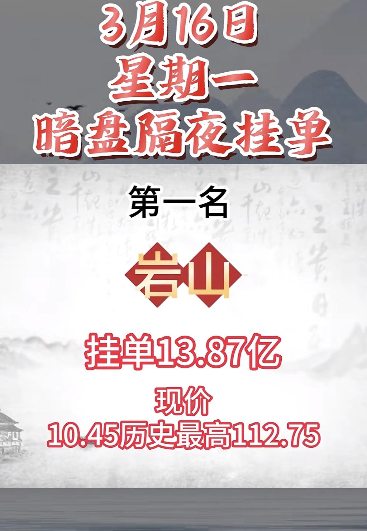 3月16日暗盘隔夜挂单数据超有意思。赤天化挂单47.88亿，现价4.37，历