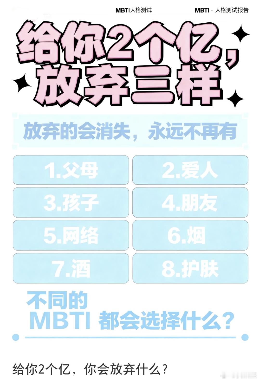 假如给你两个亿，但要求是必须放弃以下八个东西中的三样。你会选择放弃哪三个？