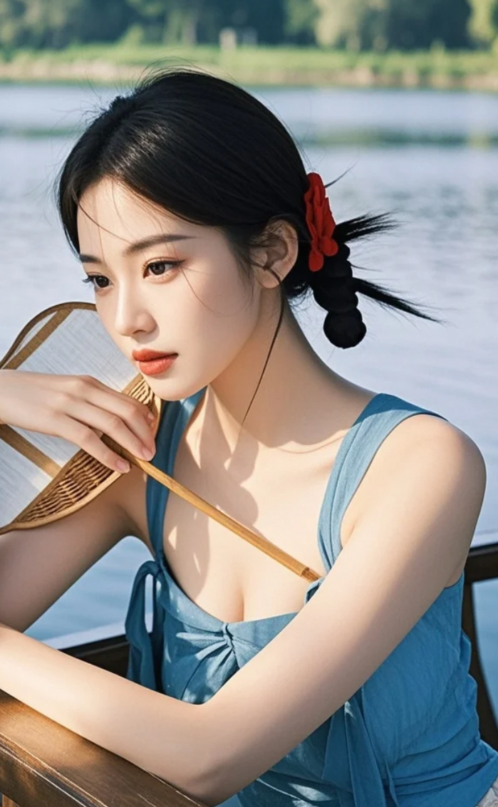 她站在湖边，像一首未写完的诗