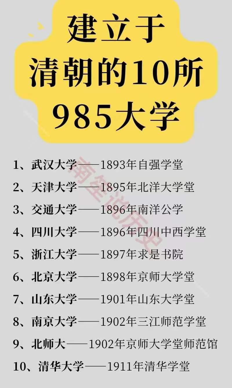 为什么说如今的985高校，是百年前的一次落子？下图是十所建立于清朝的985大