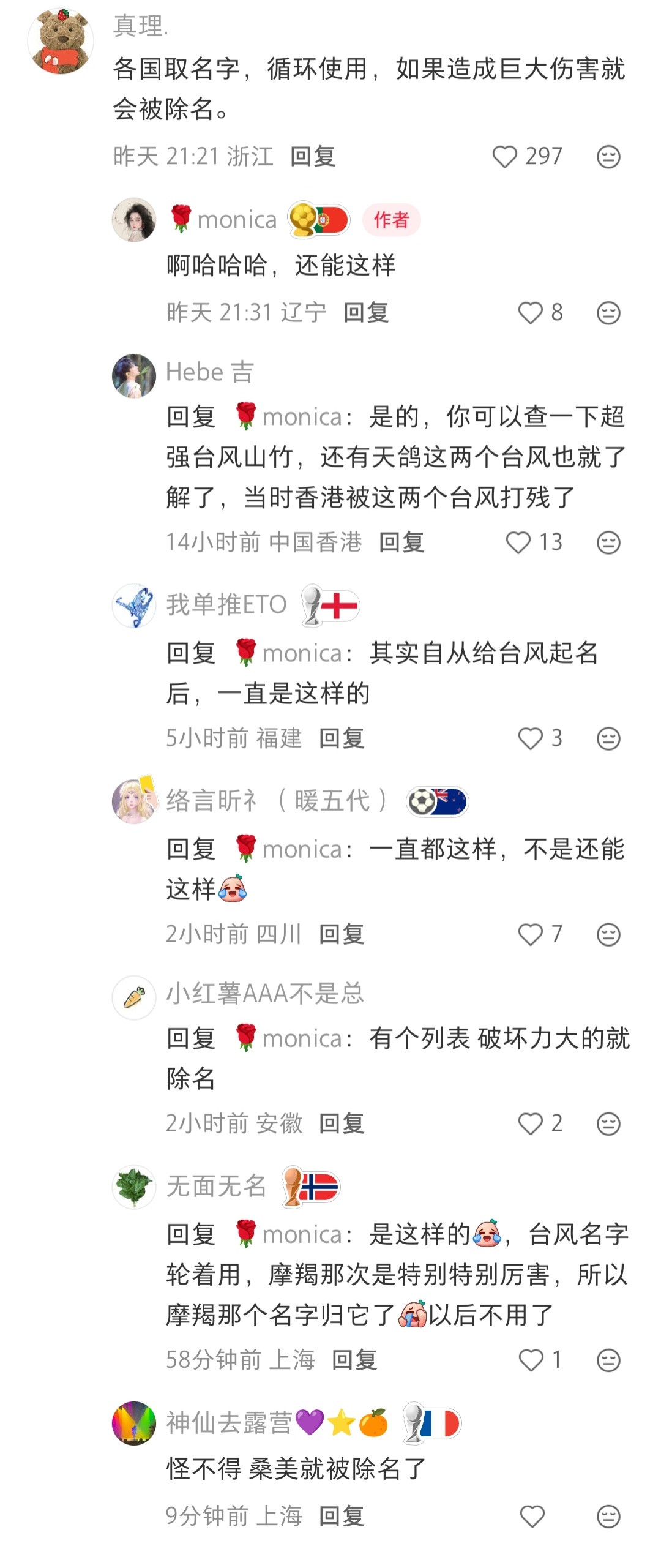 之前被科普过，台风的名字是各个国家取名后轮流使用。但是第一次知道，如果这个台风造