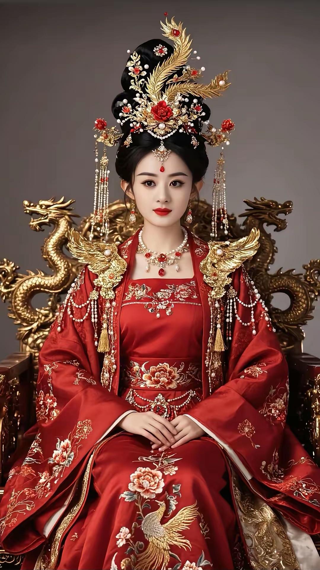 赵丽颖这红金汉服造型直接杀疯了！正红绣裙缀满牡丹金凤，金冠珠翠流苏晃得人眼晕，配